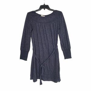 ❤️❤️LOFT Womens Long Sleeve Belted knit Dress Sz S Gray Speckled White boat neck
